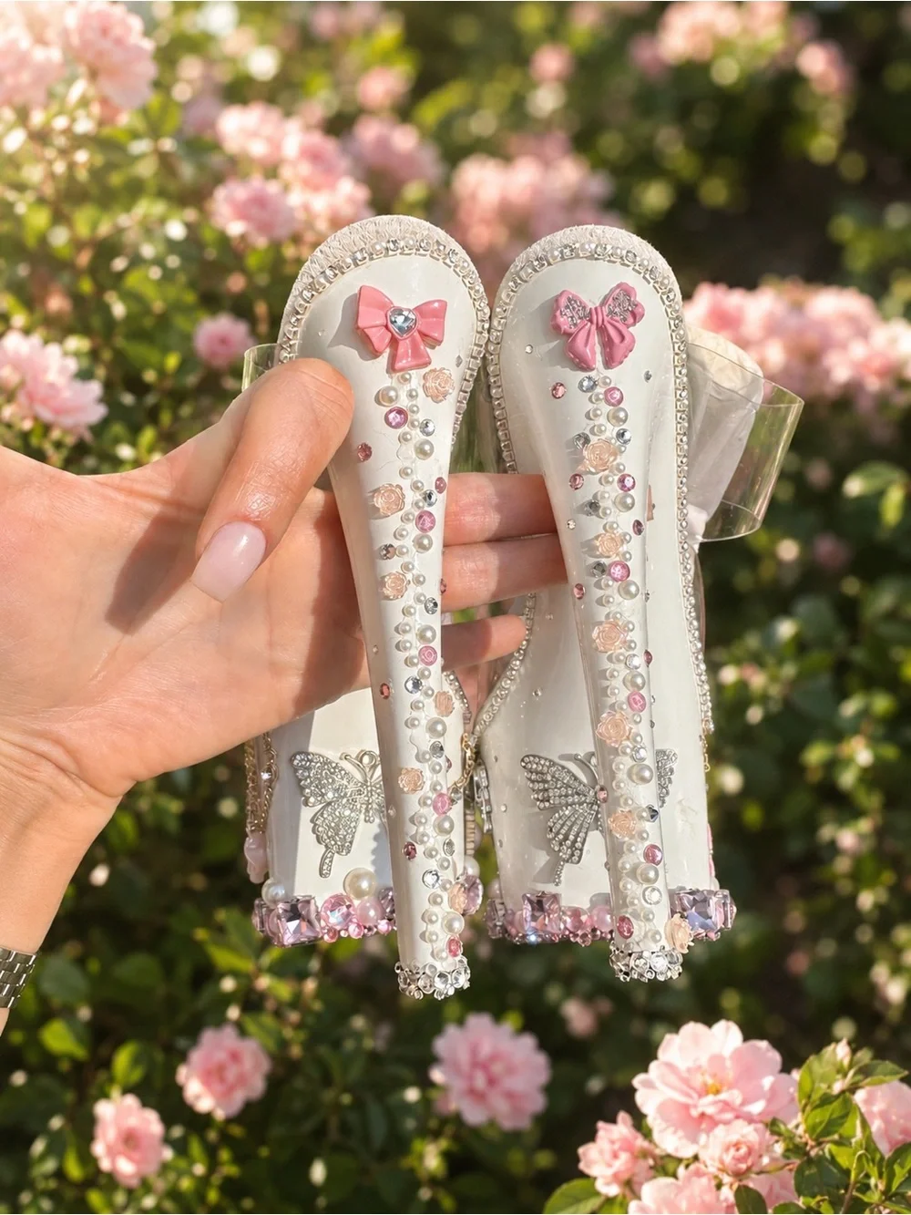 White Jeweled Platform Heels with Pink Crystal Accents